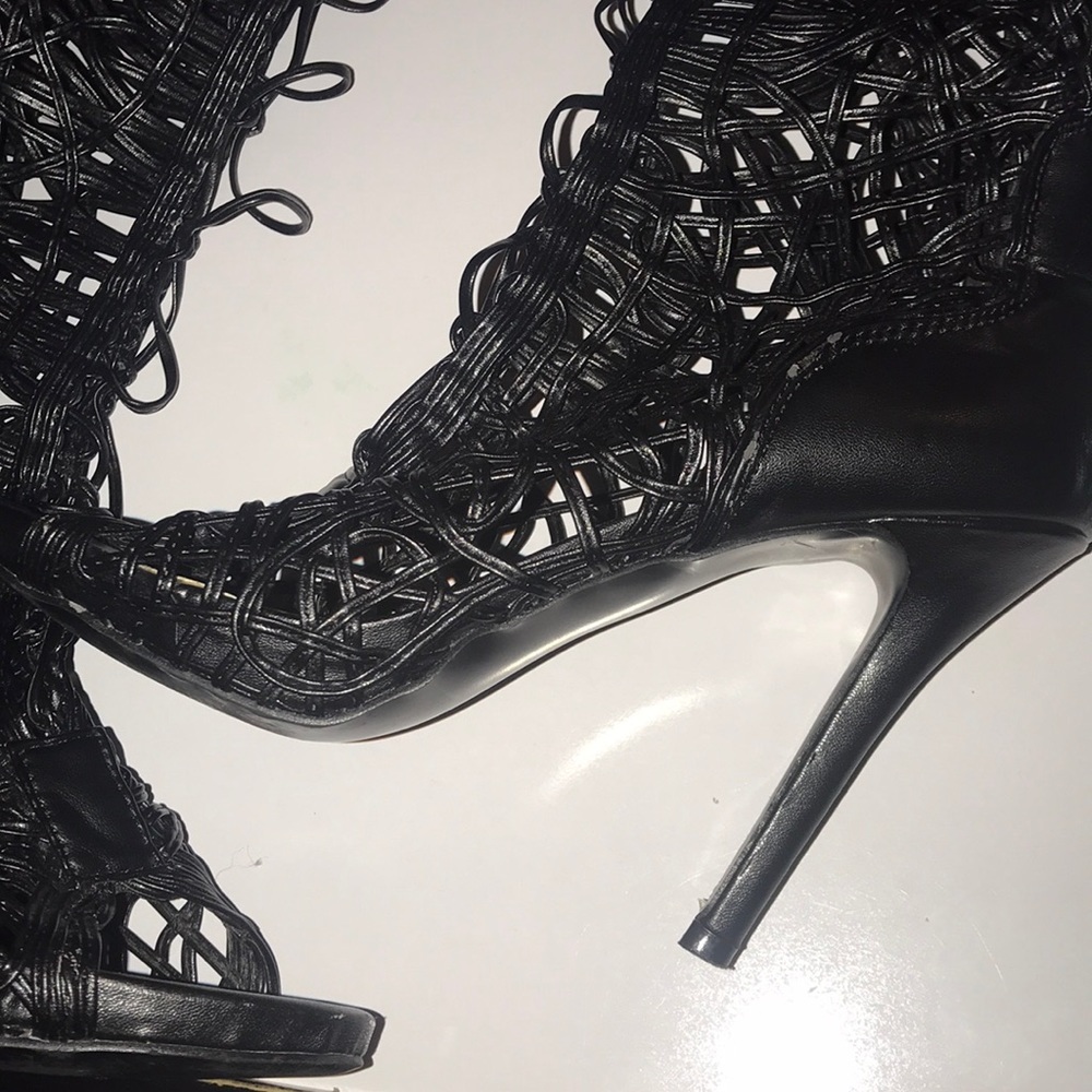 Tall black detailed lace up heels - Picture 4 of 8